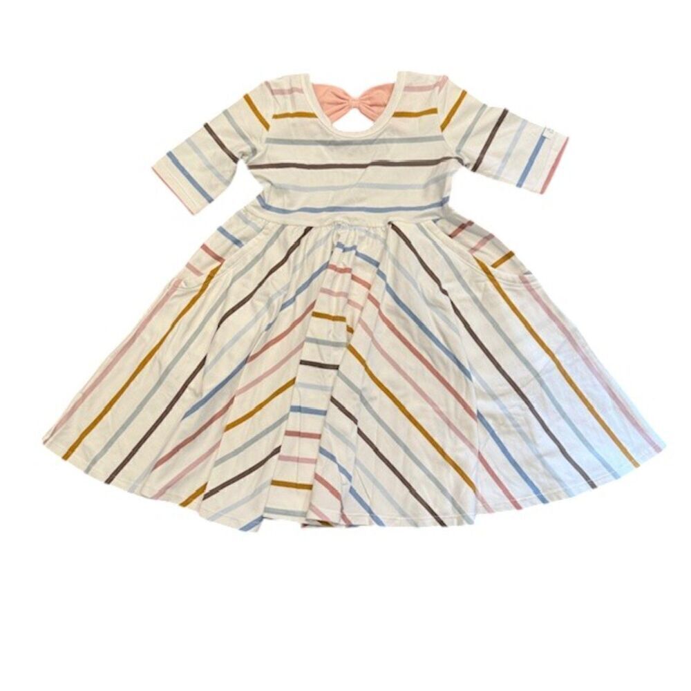 NWOT Loulou Lollipop Tencel‎ Skater Dress Pastel Stripe Pink Bow Back Size 3T